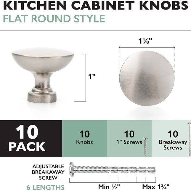 Ilyapa Satin Nickel Kitchen Cabinet Knobs - Round Drawer Handles - 10 Pack of Kitchen Cabinet Hardware