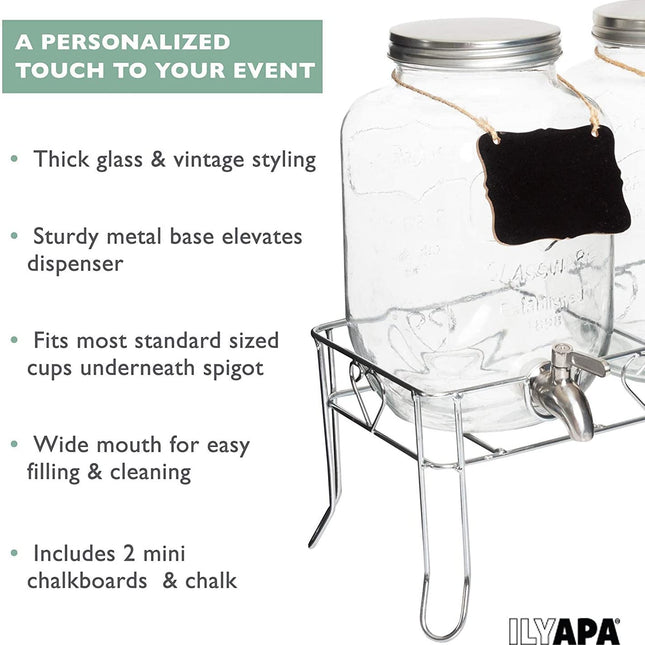 Outdoor Glass Beverage Dispenser 2 Pack with Sturdy Metal Base, Hanging Chalkboards & Stainless Steel Spigots - Double Drink Dispensers for Lemonade, Tea, Cold Water & More