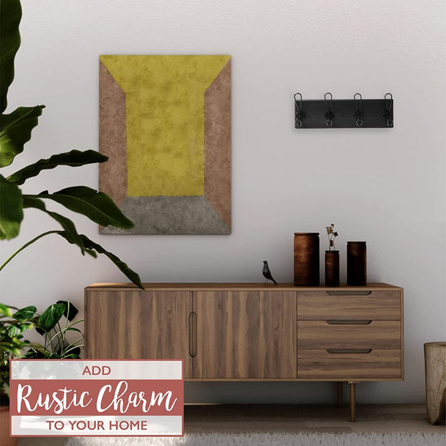 Wall Mounted Coat Rack - Rustic Wooden 4 Hook, Distressed Black Wood