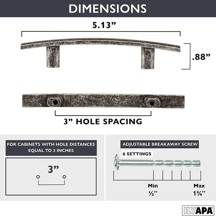 Antique Iron Kitchen Cabinet Handles - 3 Inch Hole Center Curved Bar Pulls - 10 Pack of Kitchen Cabinet Hardware