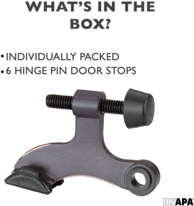 6 Pack Hinge Pin Oil Rubbed Bronze Door Stops -Heavy Duty Adjustable Door Stopper 2-1/2" x 1-3/4",with Black Rubber Bumper Tips