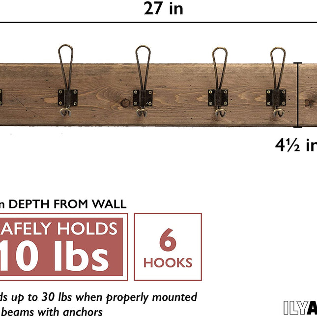 Wall Mounted Coat Rack - Rustic Wooden 6 Hook Coat Hanger Rail, Distressed Wood, Antique Brass Hooks