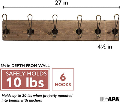 Wall Mounted Coat Rack - Rustic Wooden 6 Hook Coat Hanger Rail, Distressed Wood, Antique Brass Hooks