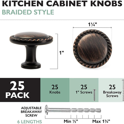 Ilyapa Oil Rubbed Bronze Kitchen Cabinet Knobs - Round Braided Drawer Handles - 25 Pack of Kitchen Cabinet Hardware