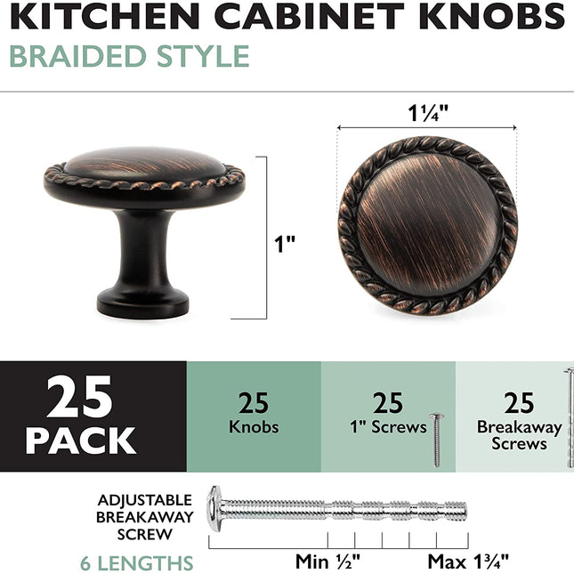Ilyapa Oil Rubbed Bronze Kitchen Cabinet Knobs - Round Braided Drawer Handles - 25 Pack of Kitchen Cabinet Hardware