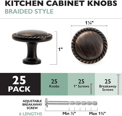 Ilyapa Oil Rubbed Bronze Kitchen Cabinet Knobs - Round Braided Drawer Handles - 25 Pack of Kitchen Cabinet Hardware