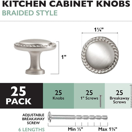 Ilyapa Satin Nickel Kitchen Cabinet Knobs - Round Braided Drawer Handles - 25 Pack of Kitchen Cabinet Hardware