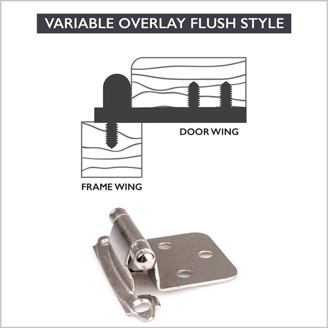Self Closing Cabinet Hinges Satin Nickel, 50 Pack - Variable Overlay Flush Kitchen Cabinet Door Hinge Hardware