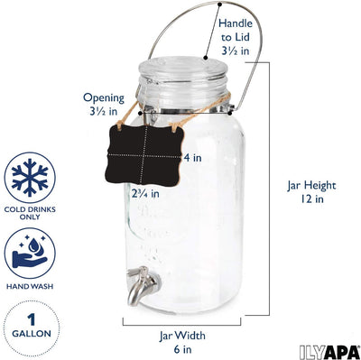 Outdoor Glass Beverage Dispenser with Stainless Steel Spigot, Handle & Hanging Chalkboard - Drink Dispenser for Lemonade, Tea, Cold Water & More