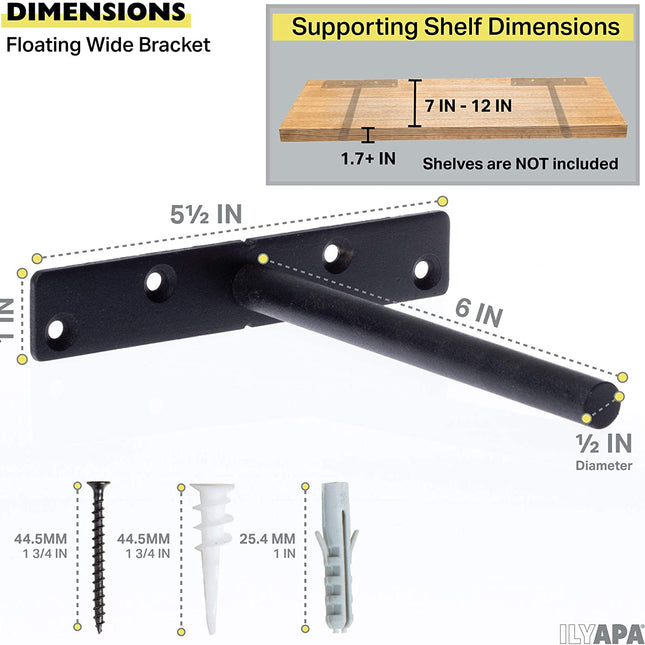 Heavy Duty Steel Concealed Floating Shelf Brackets 4 Pack of 6 Inch Blind Shelf Supports with 1" x 5.5" Wide Base - Farmhouse Rustic Iron Finish Industrial Metal Shelf Holders, Hidden Shelf Brackets