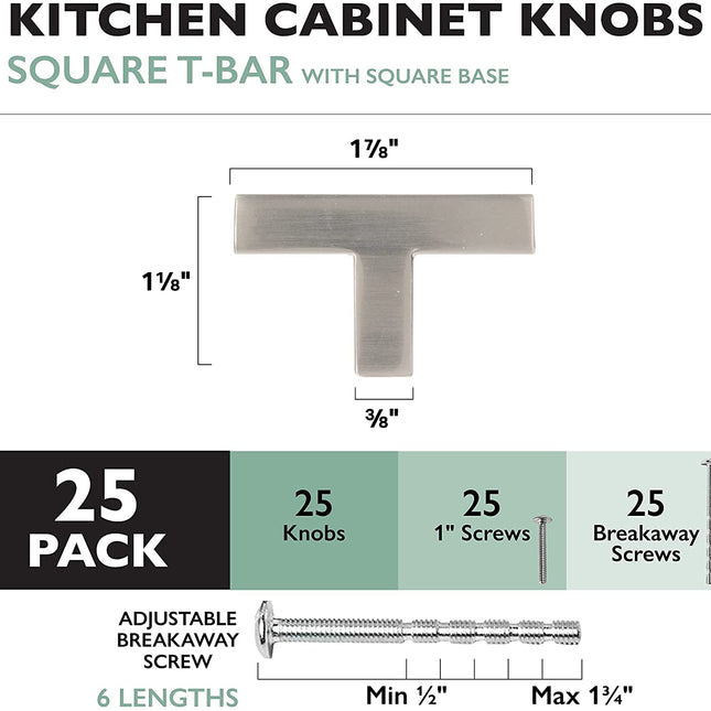 Satin Nickel Kitchen Cabinet Knobs, 25 Pack - Modern Square T-Knob Pull Handle