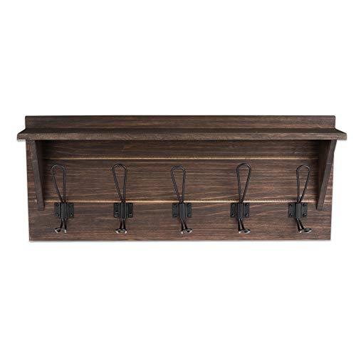 Wall Mounted Coat Rack with Shelf - 24 Inch Rustic Wooden 5 Hook Coat Hanger Rail, Distressed Wood, Black Metal Hooks