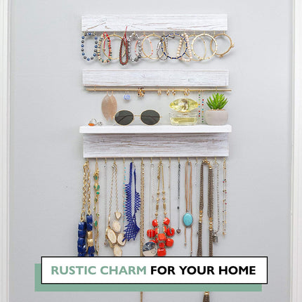 Ilyapa Wall Mounted Jewelry Organizer with Shelf - Rustic White Wood - 3 Piece Jewelry Hanger Rack Set - Earring, Bracelet & Necklace Holder