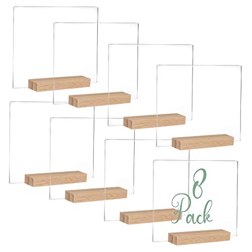 Acrylic Sign Holders with Natural Wood Stands, 8 Pack - Small 5x6 Inch Blank Table Numbers Set for Wedding