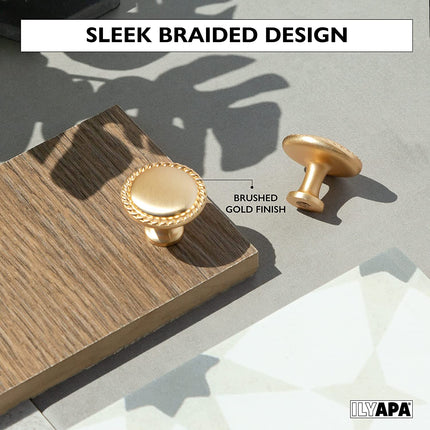 Ilyapa Brushed Gold Kitchen Cabinet Knobs - Round Braided Drawer Handles - 10 Pack of Kitchen Cabinet Hardware