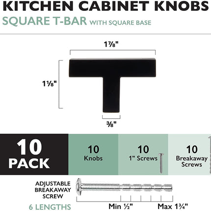 Black Kitchen Cabinet Knobs, 10 Pack - Modern Square T-Knob Drawer Pull Handle Hardware