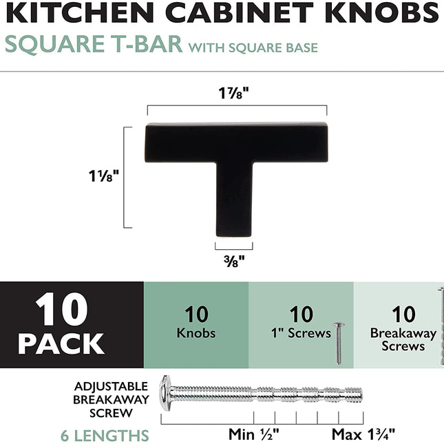 Black Kitchen Cabinet Knobs, 10 Pack - Modern Square T-Knob Drawer Pull Handle Hardware