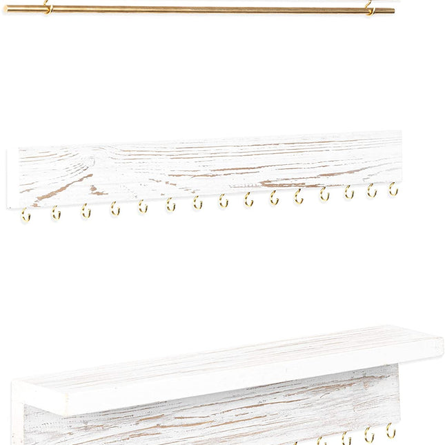 Ilyapa Wall Mounted Jewelry Organizer with Shelf - Rustic White Wood - 3 Piece Jewelry Hanger Rack Set - Earring, Bracelet & Necklace Holder