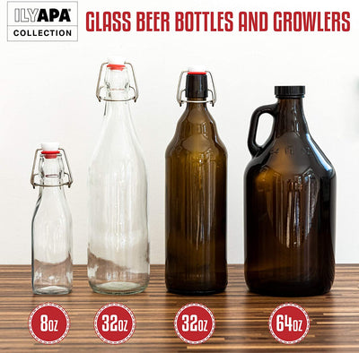 12 Pack of Glass Beer Bottles for Home Brewing - Square 8 oz Bottles with Flip Caps and Funnel