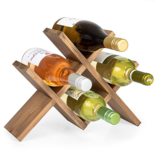 Ilyapa 4-Bottle Countertop Wine Rack - Rustic Weathered Brown Wood Wine Bottle Holder