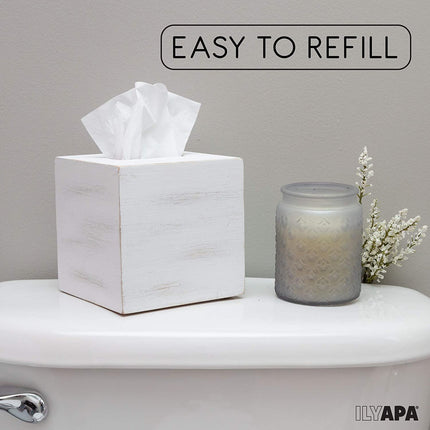 Ilyapa Wood Tissue Box Cover Square, 2 Pack - Rustic Farmhouse White Wooden Tissue Holder