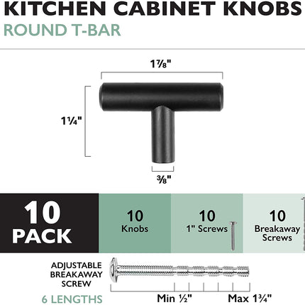 Black Kitchen Cabinet Knobs, 10 Pack - T-Knob Drawer Pull Handle Hardware