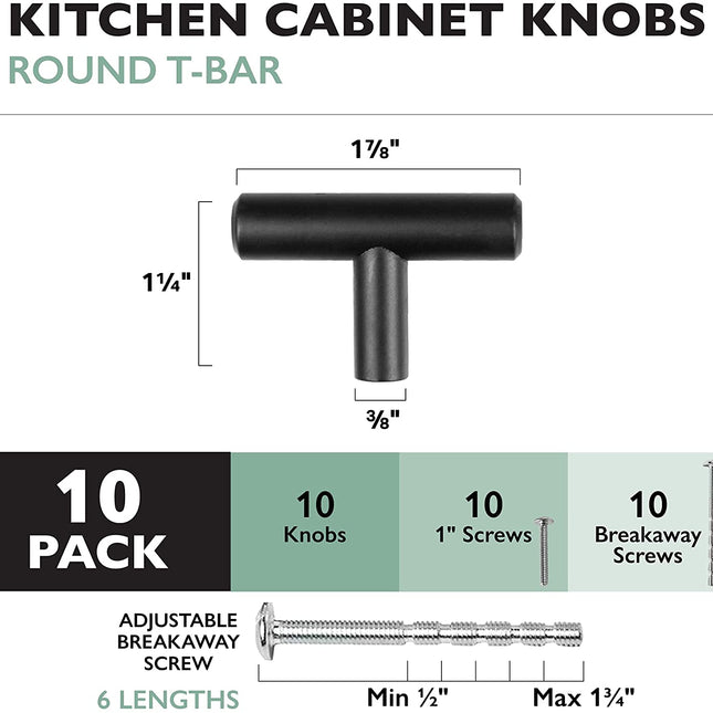 Black Kitchen Cabinet Knobs, 10 Pack - T-Knob Drawer Pull Handle Hardware