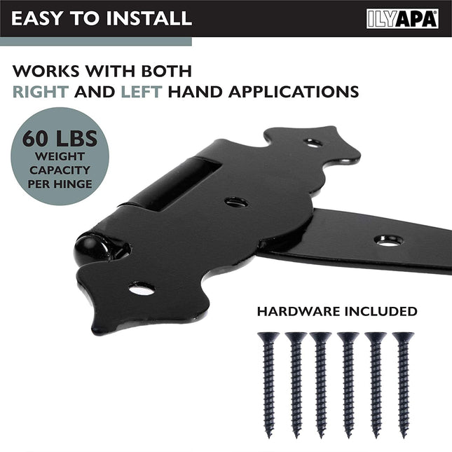 Ilyapa Heavy Duty Gate Hinges, 6 Pack - 8 Inch Decorative Outdoor T Strap Hinges for Barn Door, Shed or Wooden Fences