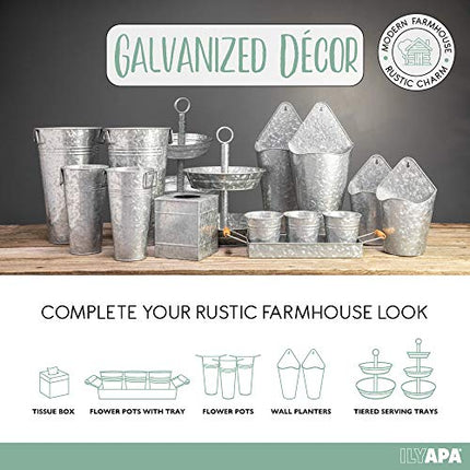 Galvanized Metal Vase 3 Pack - 9" Tall Bucket Planter Pots for Decor