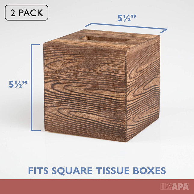 Ilyapa Wood Tissue Box Cover, 2 Pack Square - Rustic Farmhouse Wooden Tissue Holders