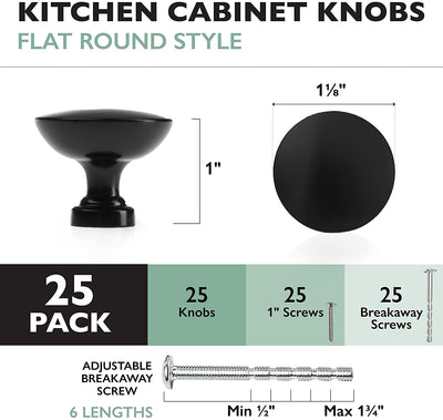 Ilyapa Flat Black Kitchen Cabinet Knobs - Round Drawer Handles - 25 Pack of Kitchen Cabinet Hardware
