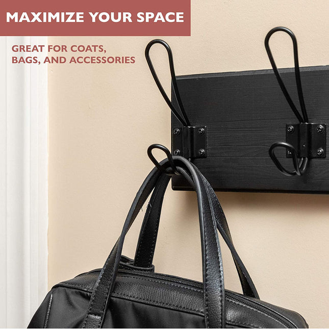 Ilyapa Wooden Coat Rack Wall Mount - Black Wood Hat Hanger with 5 Metal Hooks