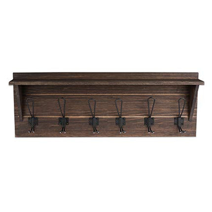 Wall Mounted Coat Rack with Shelf - 27 Inch Rustic Wooden 6 Hook Coat Hanger Rail, Espresso Wood, Black Metal Hooks
