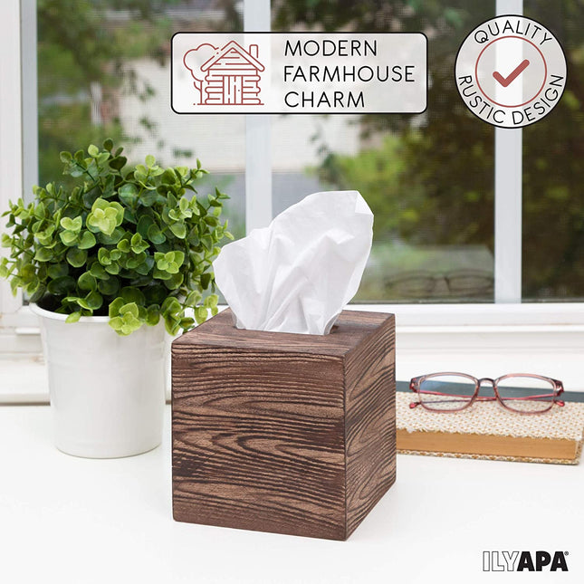 Ilyapa Wood Tissue Box Cover, 2 Pack Square - Rustic Farmhouse Wooden Tissue Holders