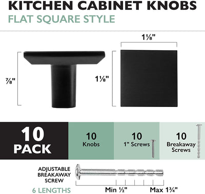 Ilyapa Flat Black Kitchen Cabinet Knobs - Square Drawer Handles - 10 Pack of Kitchen Cabinet Hardware