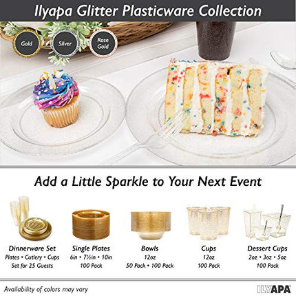 12oz Plastic Bowls Set of 100 - Gold Glitter Heavy Duty Disposable Bowl Pack