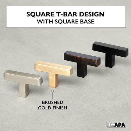 Brushed Gold Cabinet Knobs, 10 Pack - Modern Square T-Knob Drawer Pull Handle Hardware