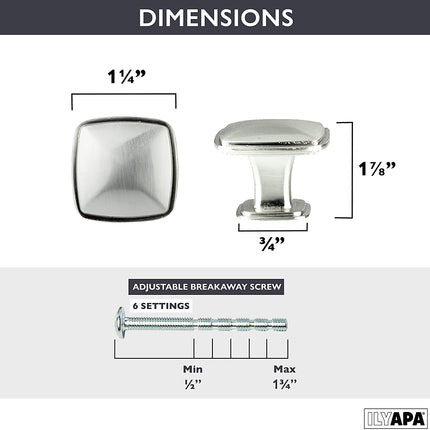 Satin Nickel Square Kitchen Cabinet Knobs - 10 Pack of Drawer Handles Hardware