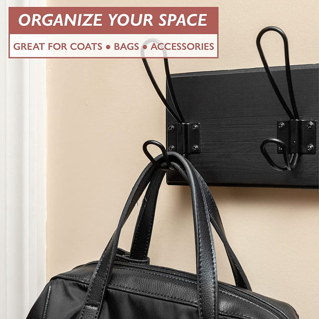 Wall Mounted Coat Rack - Rustic Wooden 4 Hook, Distressed Black Wood