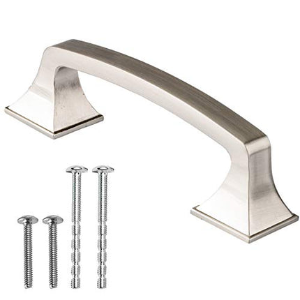 Satin Nickle Cabinet Handles - 3 Inch Hole Center Traditional Squared Drawer Pulls - 10 Pack of Kitchen Cabinet Hardware