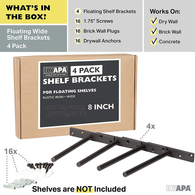 Heavy Duty Steel Concealed Floating Shelf Brackets 4 Pack of 8 Inch Blind Shelf Supports with 1" x 5.5" Wide Base - Farmhouse Rustic Iron Finish Industrial Metal Shelf Holders, Hidden Shelf Brackets