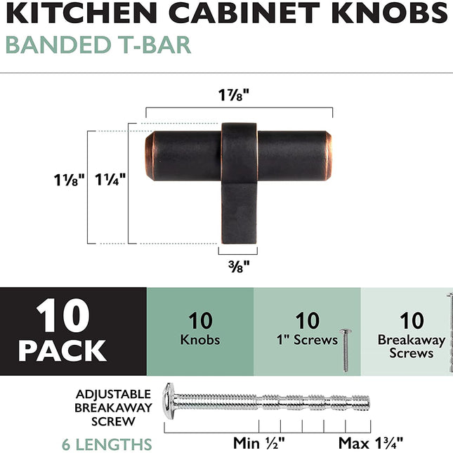 Oil Rubbed Bronze Kitchen Cabinet Knobs, 10 Pack - Contemporary T-Knob Drawer Pull Handle Hardware