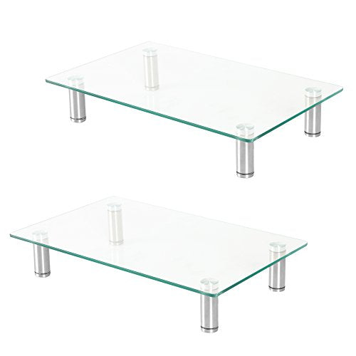 Height Adjustable Glass Monitor Stand 2 Pack - 16 x 9.5 Inch Clear Desktop Risers for Computer Monitors, Laptop, TV, Printer & More