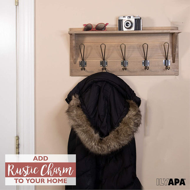 Wall Mounted Coat Rack with Shelf - 24 Inch Rustic Wooden 5 Hook Coat Hanger Rail, Rustic Oak Wood, Black Metal Hooks