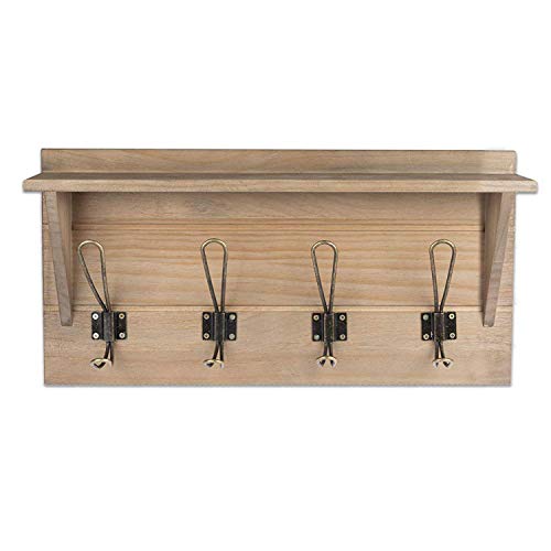 Wall Mounted Coat Rack with Shelf - 16 Inch Rustic Wooden 4 Hook Coat Hanger Rail, Barnwood, Black Metal Hooks
