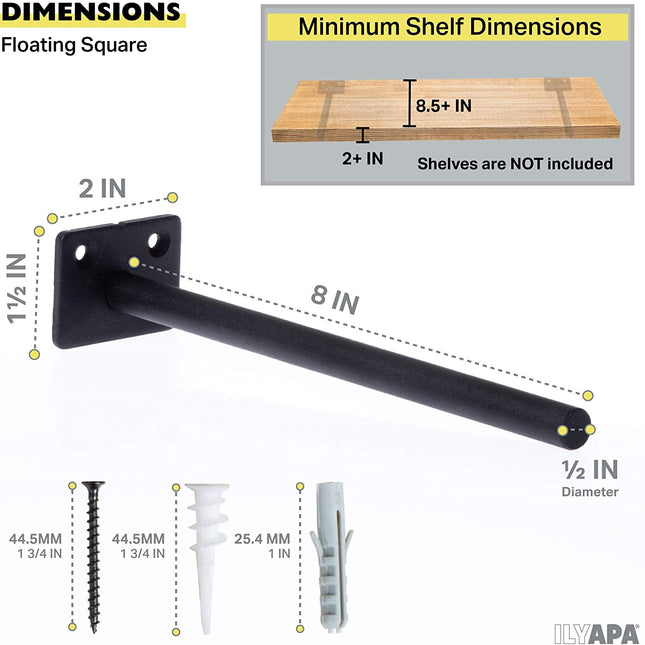 Heavy Duty Steel Concealed Floating Shelf Brackets 4 Pack of 8 Inch Blind Shelf Supports with 1.5" x 2" Square Base - Farmhouse Rustic Iron Finish Industrial Metal Shelf Holders, Hidden Shelf Brackets