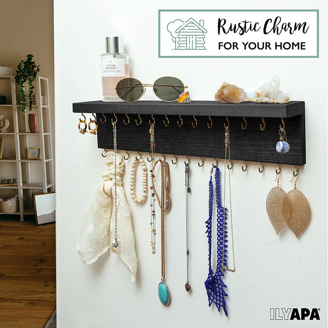 Ilyapa Wall Mounted Jewelry Organizer with Shelf - Rustic Black Wood