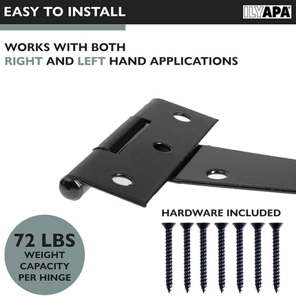 Ilyapa Heavy Duty Gate Hinges, 6 Pack - 10 Inch Outdoor T Strap Hinges for Barn Door, Shed or Wooden Fences