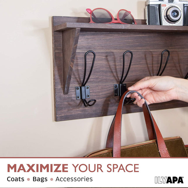 Wall Mounted Coat Rack with Shelf - 16 Inch Rustic Wooden 4 Hook Coat Hanger Rail, Espresso Distressed Wood, Black Metal Hooks