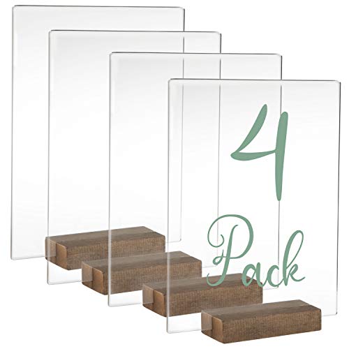 Acrylic Sign Holders with Wood Stands, 4 Pack - 8x10 Inch Blank Table Numbers Set for Wedding